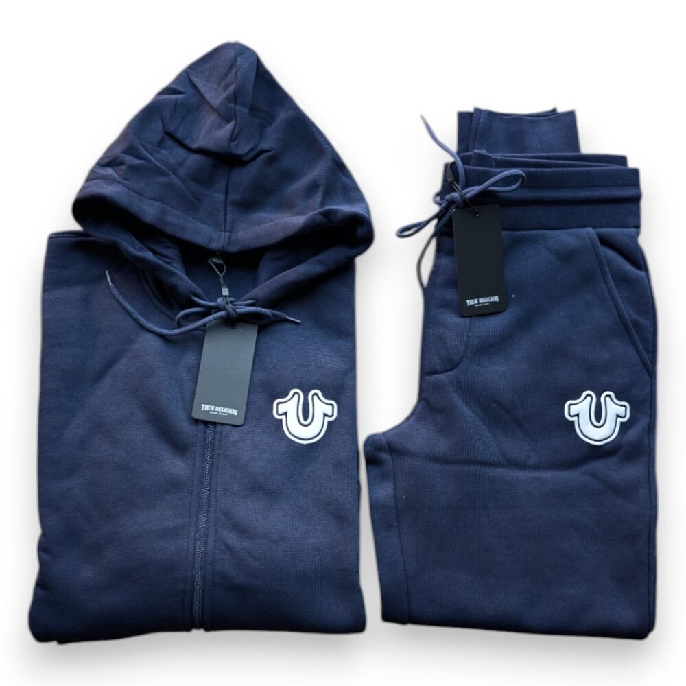 True Religion 2 PC Sweatsuit Men's Fleece Tracksuit Outfit Gift Set Navy Blue - Picture 12 of 16